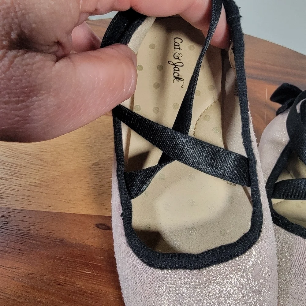 Cat & Jack Pink Shimmer Ballet Flats Girls Size 8 Criss Cross Top Back Bow